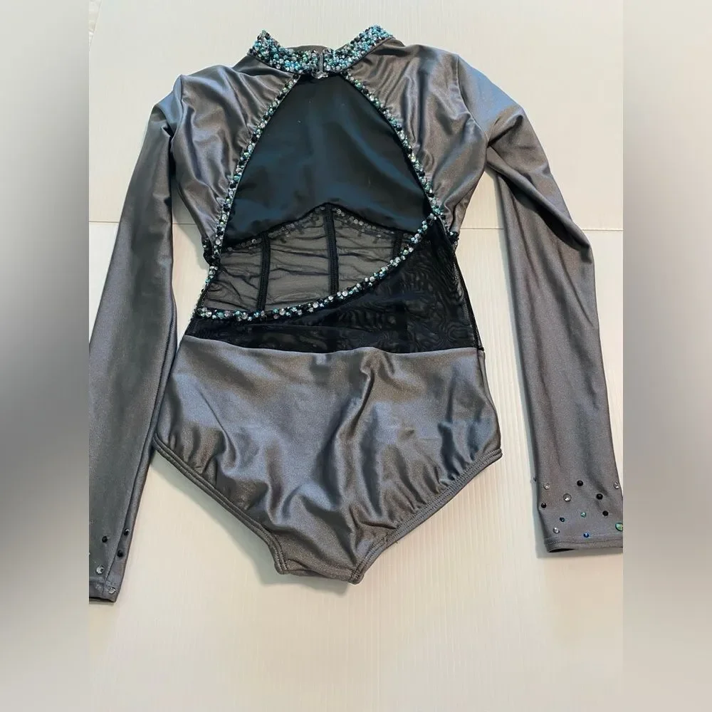 AA dance design costume solo custom gray Ginger leotard illusion LC child